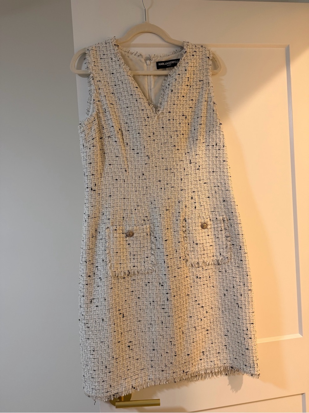 Karl Lagerfeld Cream Tweed Shift Dress with Pocket Details